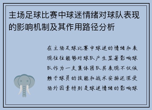 主场足球比赛中球迷情绪对球队表现的影响机制及其作用路径分析 主场足球比赛中球迷情绪对球队表现的影响机制及其作用路径分析